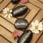Every Day Sacred - four rocks with peace, wellbeing, balance and harmony painted on them