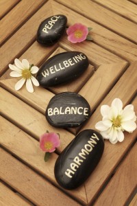 Every Day Sacred - four rocks with peace, wellbeing, balance and harmony painted on them